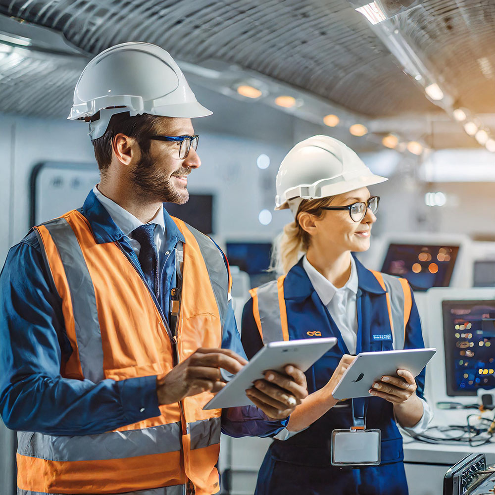 Two electric technicians standing in a ship control room, AI generated image