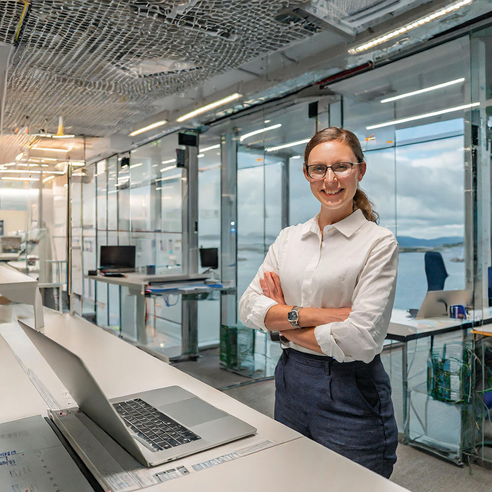 A software developer working in a spacious and light office space within the maritime busine A software developer working in a spacious and light office space within the maritime busine