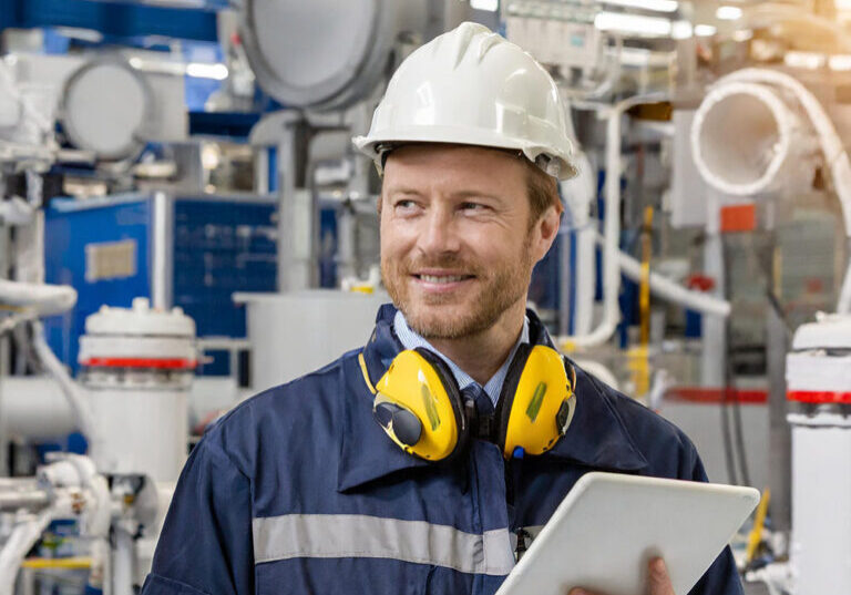 An AI generated image of a man in a ship machine room holding a tablet